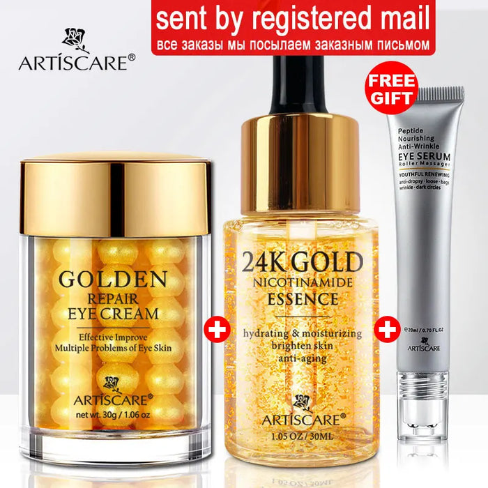 Ensemble de soins de la peau ARTISCARE 24K Gold : crème hydratante pour les yeux, essence pour le visage et rouleaux peptidiques pour les cernes et soins hydratants