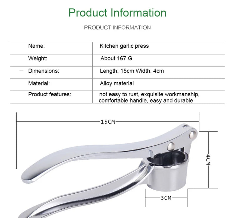 Prensa de ajos de acero inoxidable - Trituradora y prensadora manual para la cocina