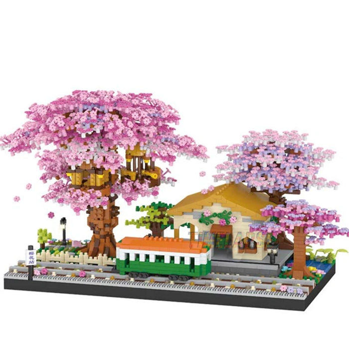 Arbre en fleurs de cerisier et maison de train à couleurs changeantes, 2138 pièces, Kit de construction créatif pour enfants et adultes