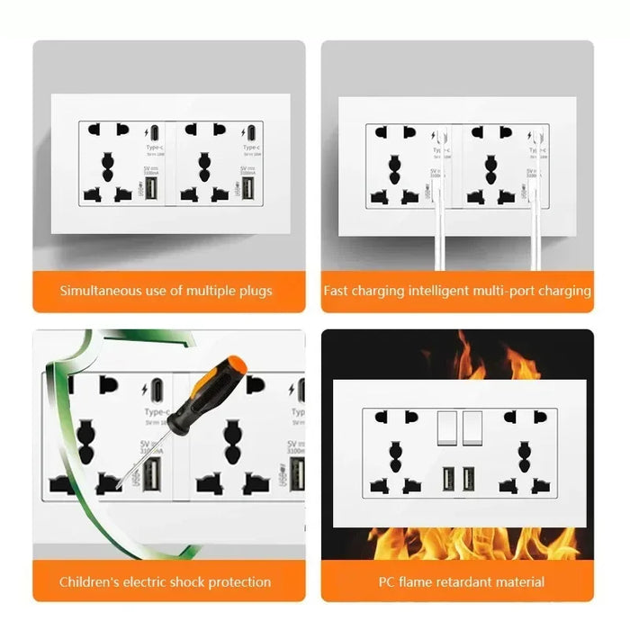 Universell 18W Type-C Snabbladdning 5-pins uttag, UK Vägguttag med USB-laddare, Vit smart Dubbel eluttag