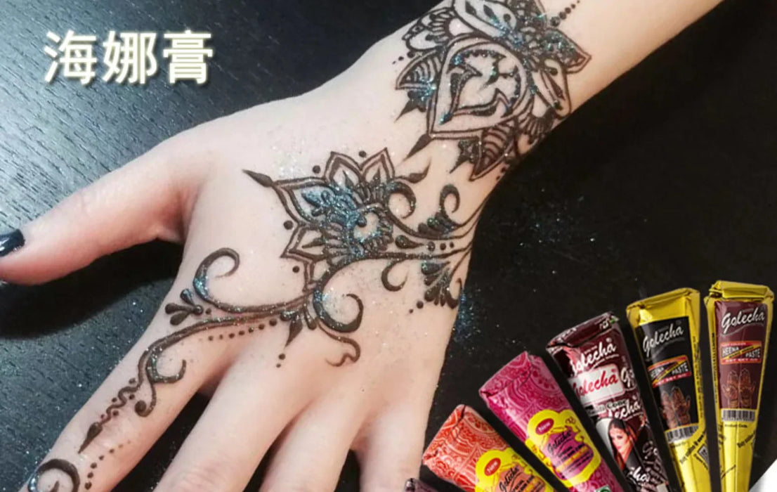 Neue Henna-Paste in Schwarz, Braun, Rot und Weiß – Indische Henna-Kegel für selbstgemachte temporäre Tattoos und Körperbemalung