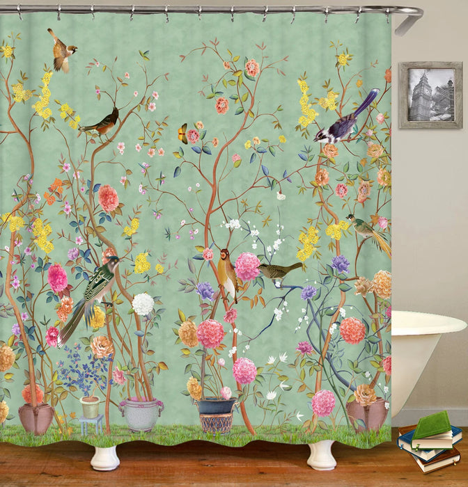 Rideau de douche en forme d'arbre à fleurs et oiseaux de Style chinois, imperméable, décor de salle de bain avec crochets, rideau de bain imprimé en 3D