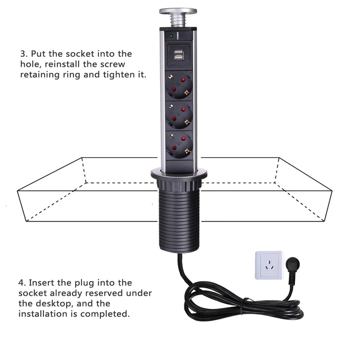 Prise Pop Up Murale avec 3 Sorties et Ports USB 2,4A - Rallonge 2M en Aluminium Déroulable pour Tablette de Cuisine