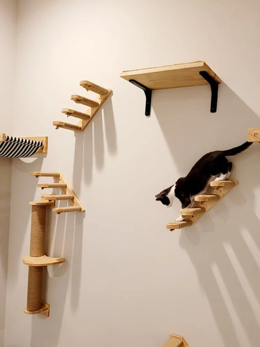 Wall-Mounted Cat Climbing Shelf with Ladders and Sisal Ropes for Clogging and Resting for Cats and Kittens