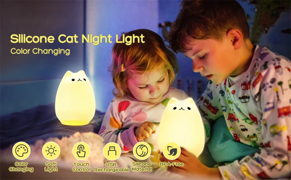 Lámpara de noche LED con forma de gato, lámpara de silicona colorida con pilas para decoración de habitaciones infantiles y infantiles