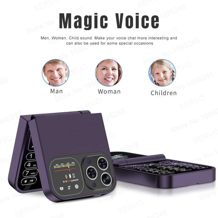 SERVO F15 Mini GSM Klappmobiltelefon 2 SIM Blacklist Magic Voice Automatisk Samtalsinspelning Snabbval MP4 Ficklampa Söt Liten Vikbar Mobiltelefon