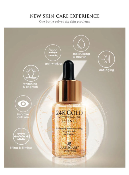 Ensemble de soins de la peau ARTISCARE 24K Gold : crème hydratante pour les yeux, essence pour le visage et rouleaux peptidiques pour les cernes et soins hydratants