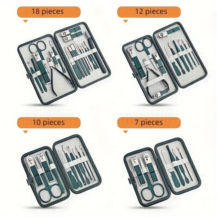 Ensemble professionnel de soins des ongles en acier inoxydable, 7/10/12/18 pièces, ensemble de manucure et pédicure avec étui de voyage