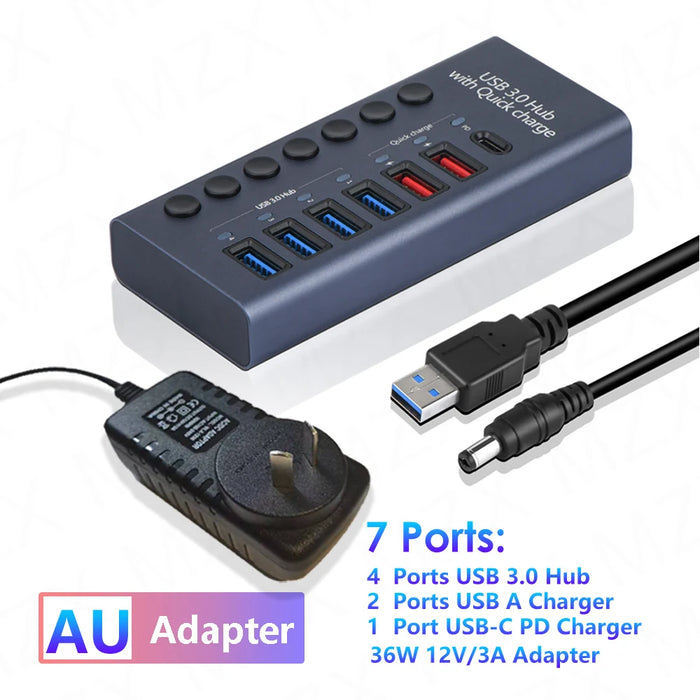 MZX 10 7 4 Port USB Hub 3.0 Aluminum A 3 0 Multi-hub Splitter Concentrator Dock Multiple Extensor Switch Adapter Docking Station