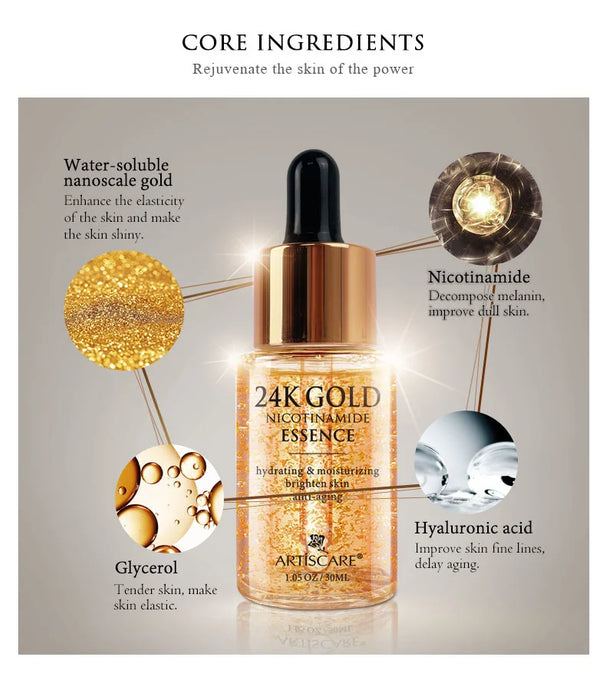 Ensemble de soins de la peau ARTISCARE 24K Gold : crème hydratante pour les yeux, essence pour le visage et rouleaux peptidiques pour les cernes et soins hydratants