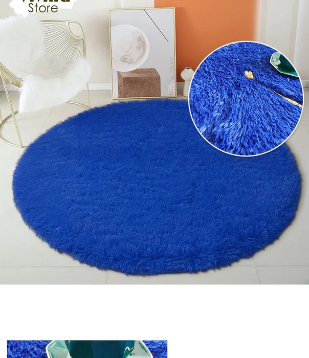 Round Green Plush Rug for Living Room - Fluffy Carpet for Sofa and Chairs, Long-Haired Floor Mat for Bathroom and Kids' Room Décor