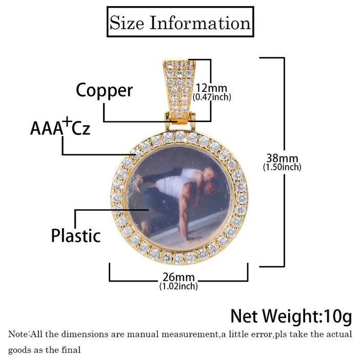 Hip Hop Schmuck Bling CZ Memory Fotorahmen Halskette benutzerdefinierte Foto Medaillons 26/35/45/68,5 mm Kreis Anhänger