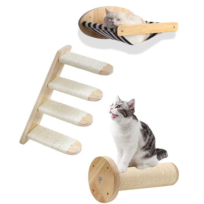 Sistema trepador para gatos de madera montado en la pared: estantes y escaleras elegantes para su gato