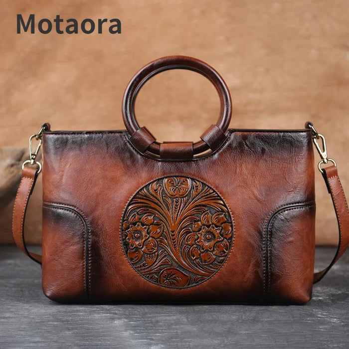 Elegant Handmade Floral Embossed Leather Shoulder Bag - Vintage Large Capacity Handbag for Women