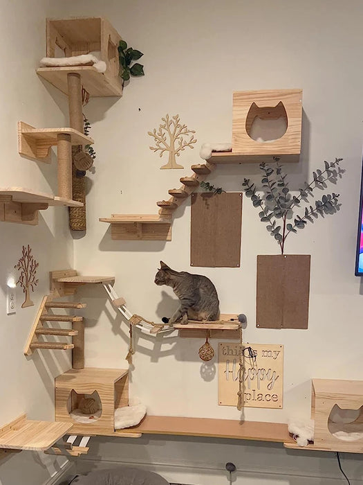 Wall-Mounted Cat Climbing Shelf with Ladders and Sisal Ropes for Clogging and Resting for Cats and Kittens