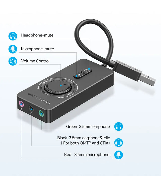 Vention Tarjeta de sonido externa USB - Adaptador de audio USB a 3,5 mm para auriculares y micrófono para Macbook, computadora, computadora portátil y PS4