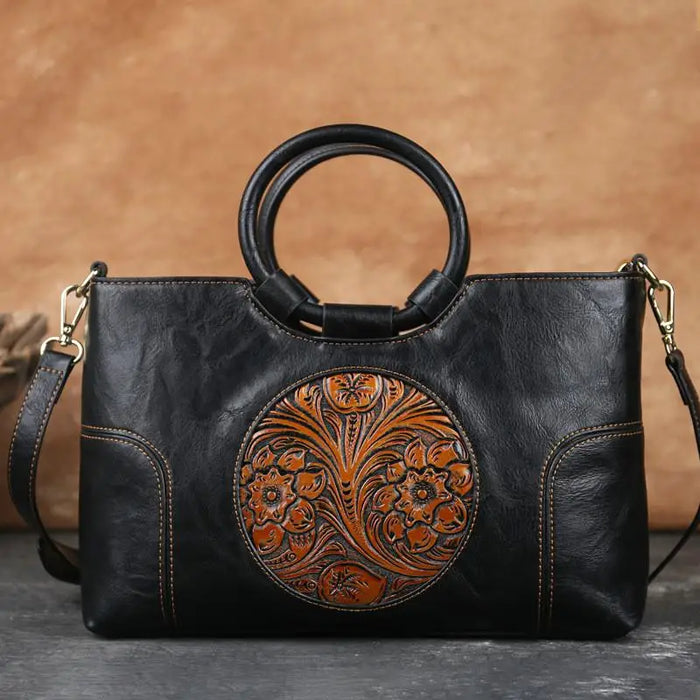 Elegant Handmade Floral Embossed Leather Shoulder Bag - Vintage Large Capacity Handbag for Women