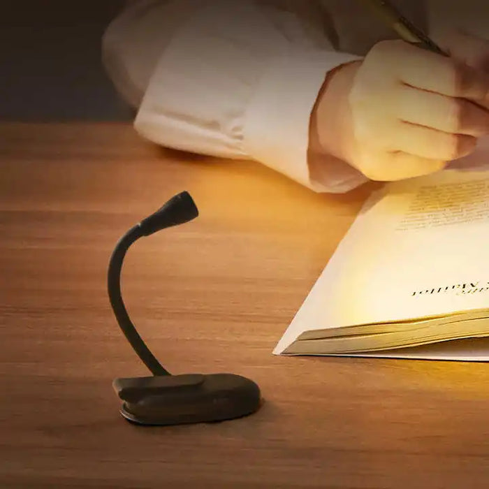 Lámpara de libro compacta con clip, LED recargable por USB, regulable y giratoria de 360° para lectura junto a la cama y camping