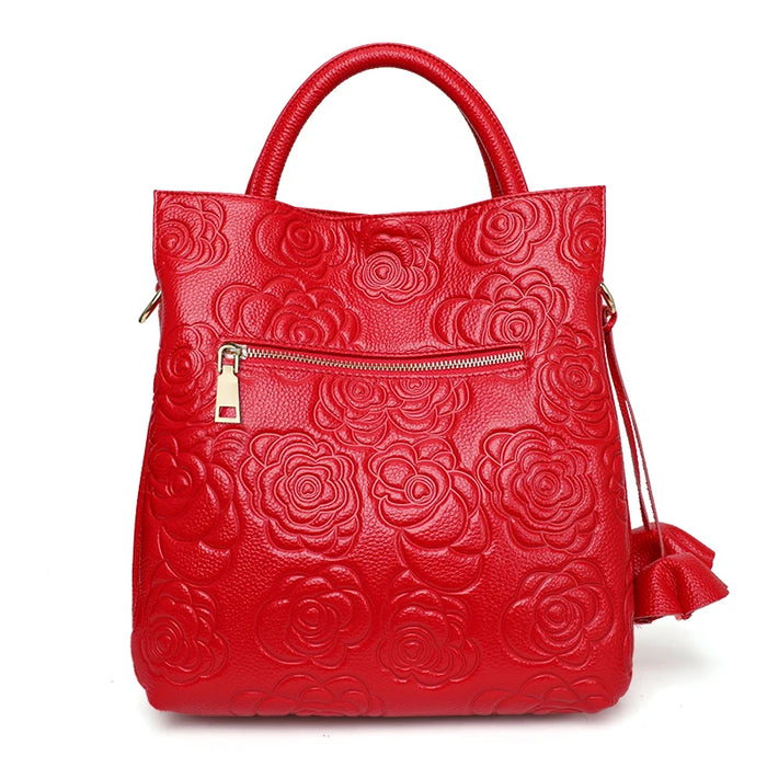 Elegant Floral Embossed Women's Leather Crossbody Bag, Spacious Top Grain Cowhide Bucket Bag