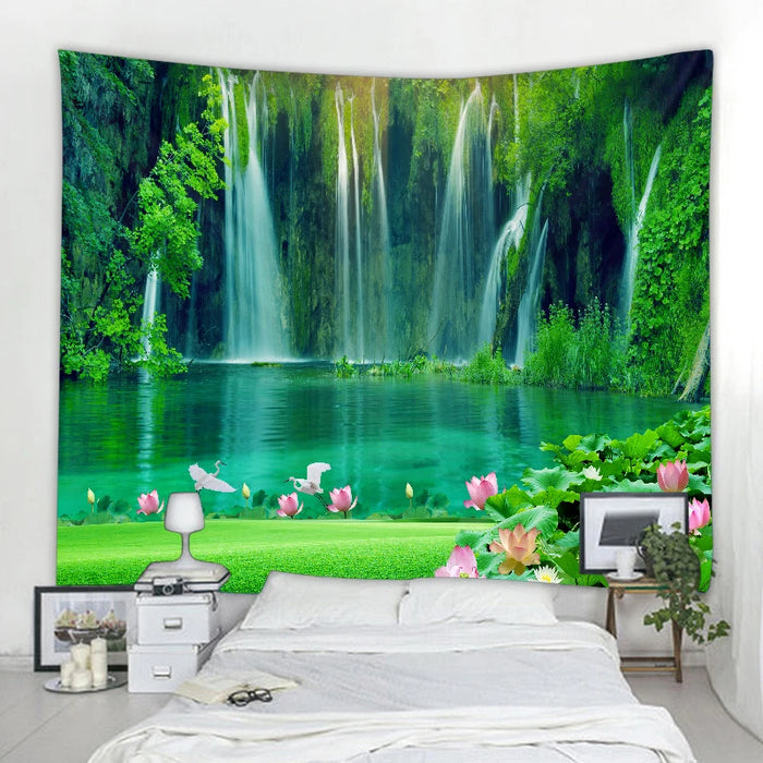 Magnifique papier peint cascade nature avec imprimé forêt et paysage marin - décoration murale hippie de style bohème avec motif mandala