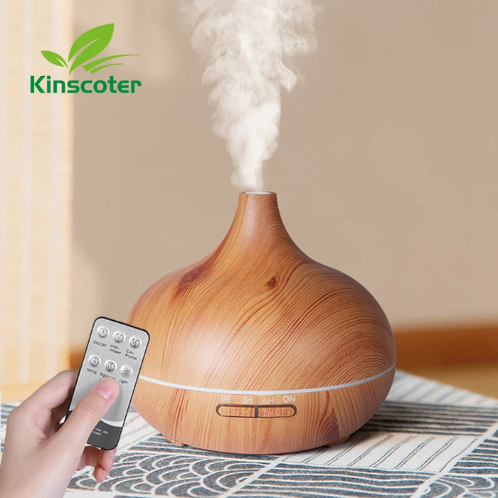 Difusor de aromaterapia de madera de alta calidad de 500 ml con control remoto y humidificador de aire ultrasónico ligero de 7 colores