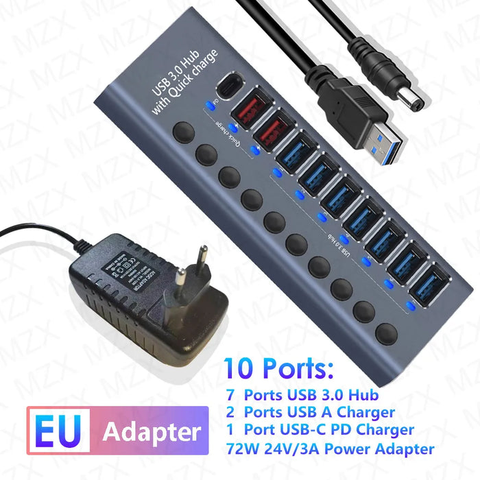 MZX 10 7 4 Port USB Hub 3.0 Aluminum A 3 0 Multi-hub Splitter Concentrator Dock Multiple Extensor Switch Adapter Docking Station