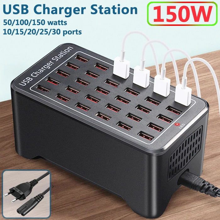 Estación de carga USB de 150 W: cargador multipuerto universal para múltiples dispositivos con 10-30 puertos, compatible con adaptadores de corriente de EE. UU., UE, AU y Reino Unido