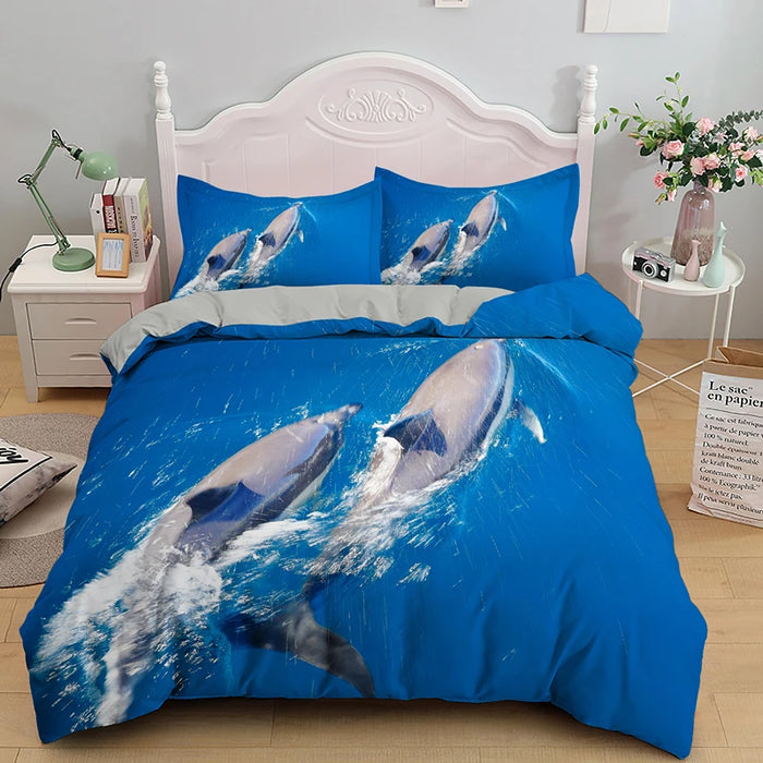 Juego de cama 3D con motivo de delfines - Motivo de mar azul en tamaño Queen y King para niños y adultos