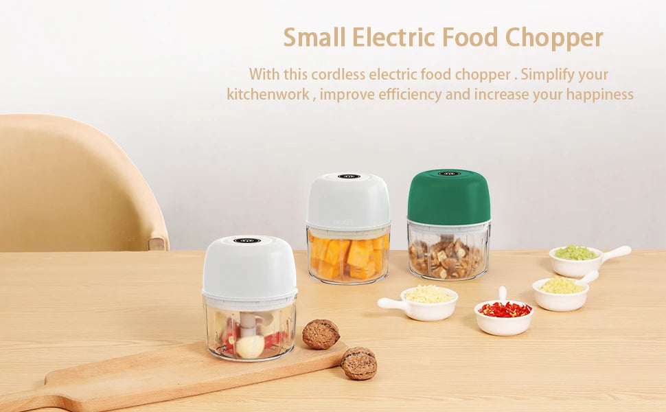 Mini Picadora Eléctrica para Alimentos: Ajo, Cebolla, Verduras, Carne, Fruta - Trituradora Pequeña y Licuadora Recargable 300ml