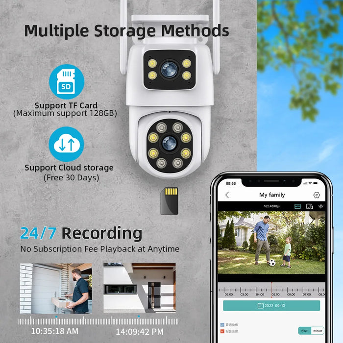 8-MP-Überwachungskamera für den Außenbereich mit zwei Objektiven und zwei Bildschirmen, AI-Tracking, IP-Video-WLAN-PTZ-Kamera mit Zwei-Wege-Audio