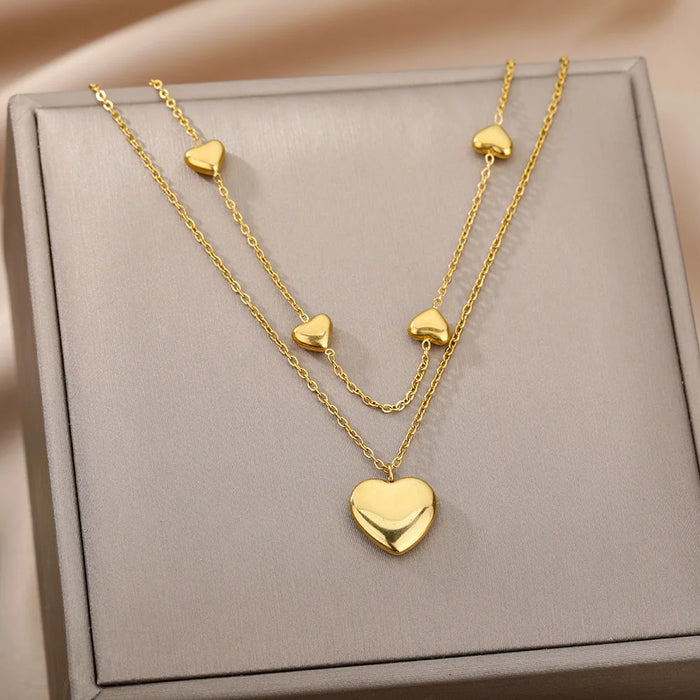 Layered Heart-Shaped Necklace in 316L Stainless Steel for Women and Girls - Gold Plated Choker Jewelry Gift for Birthdays