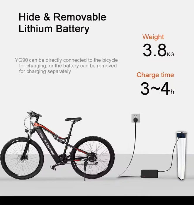 Nueva bicicleta eléctrica RANDRIDE de 1000W, bicicleta eléctrica de 27,5 pulgadas en aleación de aluminio con suspensión total y batería de litio de 48V 17AH