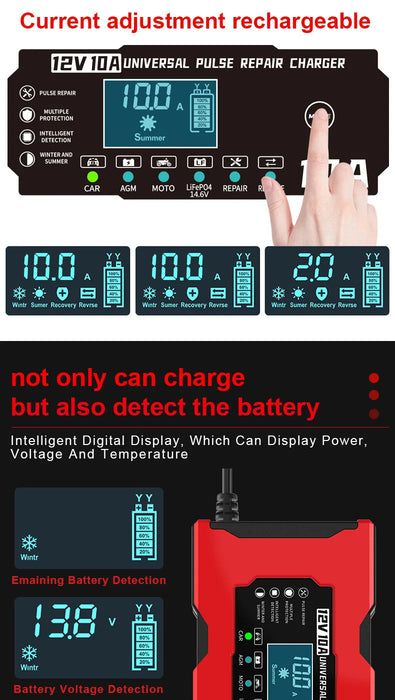 Cargador de batería universal de 12 V 10 A - Solución de carga de 14,6 V 10 A para motocicletas eléctricas, Lifepo4, plomo ácido y reparación inteligente de baterías de litio