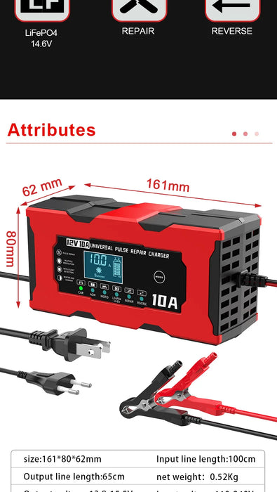 Cargador de batería universal de 12 V 10 A - Solución de carga de 14,6 V 10 A para motocicletas eléctricas, Lifepo4, plomo ácido y reparación inteligente de baterías de litio