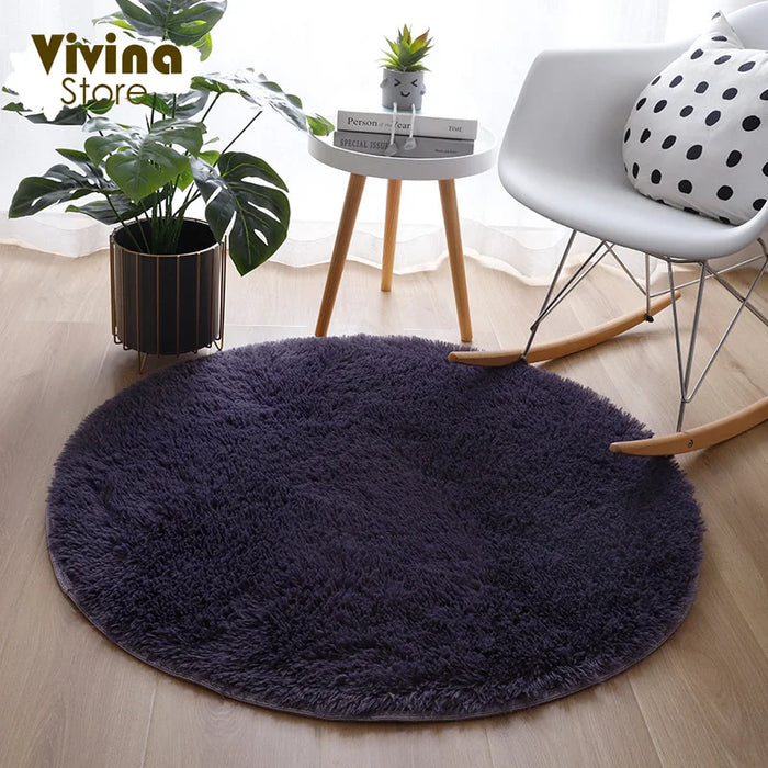 Round Green Plush Rug for Living Room - Fluffy Carpet for Sofa and Chairs, Long-Haired Floor Mat for Bathroom and Kids' Room Décor