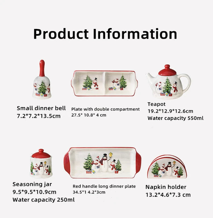 Weihnachts-Schneemann-Teller und Besteck-Set mit Vorratsglas, Familien-Salatschüssel und Keramik-Teekanne, Grillteller