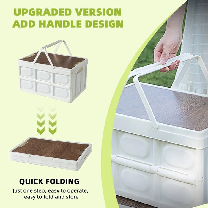 Collapsible 15L Outdoor Storage Box with Thick Bottom, Portable for Car Mounting, Wooden Lid for Home Organization