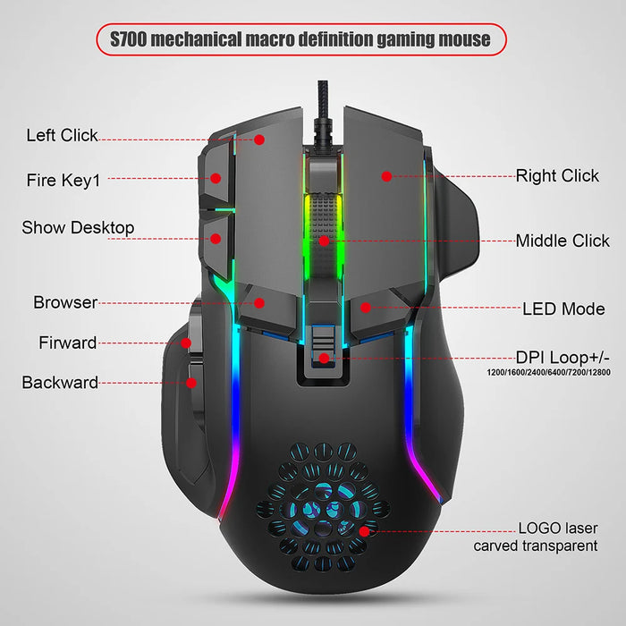 Nouvelle souris de jeu USB avec rétro-éclairage RVB - Souris de jeu ergonomique avec 10 boutons programmables et 7200 DPI