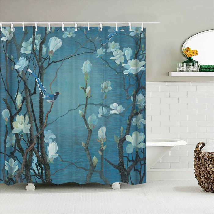 Rideau de douche en forme d'arbre à fleurs et oiseaux de Style chinois, imperméable, décor de salle de bain avec crochets, rideau de bain imprimé en 3D