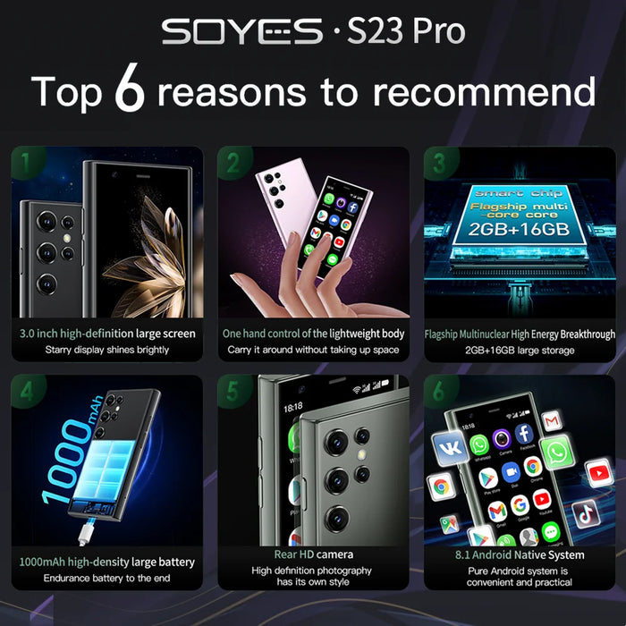 SOYES S23 Pro teléfono inteligente ultradelgado 2GB RAM 16GB ROM Android 8,1 Dual SIM espera 1580mAh red 3G teléfono móvil compacto