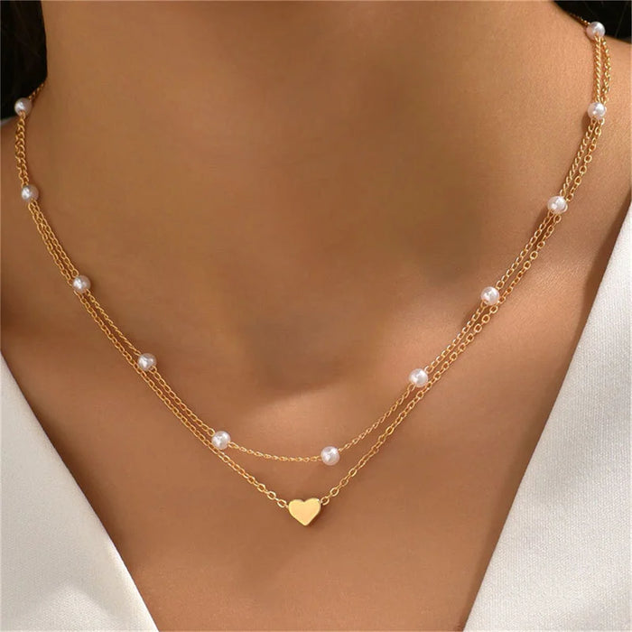 Gargantilla Simple de Perlas con Doble Cadena y Colgante de Corazón - Joyería para Mujer