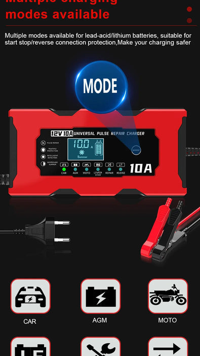 Cargador de batería universal de 12 V 10 A - Solución de carga de 14,6 V 10 A para motocicletas eléctricas, Lifepo4, plomo ácido y reparación inteligente de baterías de litio