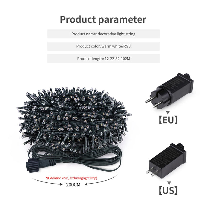 Lumières de Noël LED avec cordes 10/20/50/100 m – Décoration extérieure étanche avec adaptateur EU/US