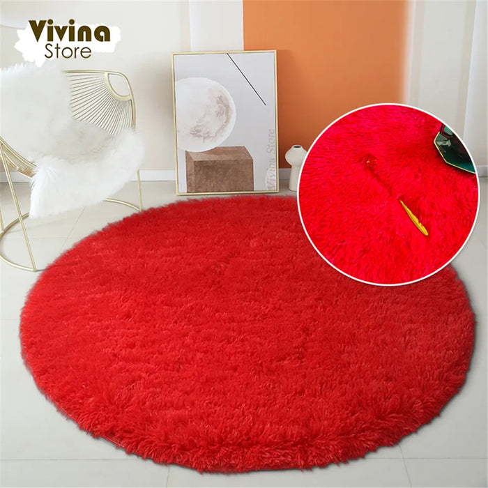 Round Green Plush Rug for Living Room - Fluffy Carpet for Sofa and Chairs, Long-Haired Floor Mat for Bathroom and Kids' Room Décor