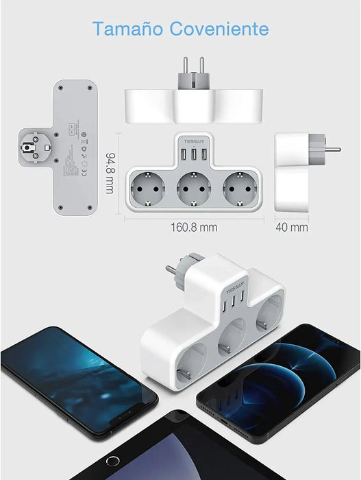 Enchufe TESSAN EU con 3 salidas de CA + 3 puertos USB, cargador de pared 6 en 1 con protección contra sobrecarga para el hogar