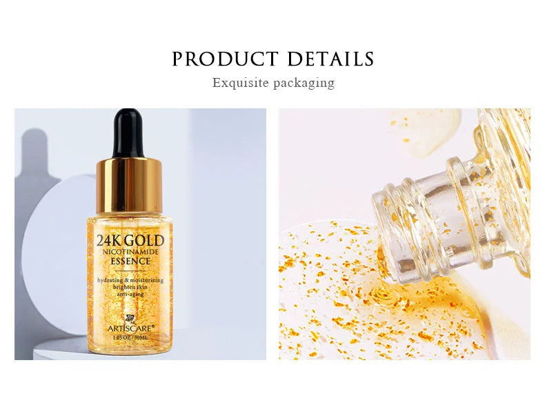 Ensemble de soins de la peau ARTISCARE 24K Gold : crème hydratante pour les yeux, essence pour le visage et rouleaux peptidiques pour les cernes et soins hydratants