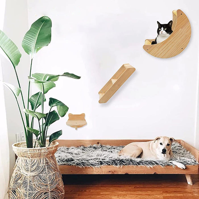 Hamaca suspendida en la pared con estante para gatos, criatura lunar, con escaleras y plataformas de madera maciza para actividades en interiores para gatos