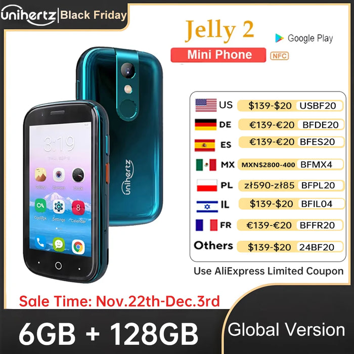 Unihertz Jelly 2 Smartphone Pequeño, Helio P60 Octa-Core, Android 11, 6GB + 128GB, Cámara de 16MP, Batería de 2000mAh, Teléfono Móvil Dual SIM