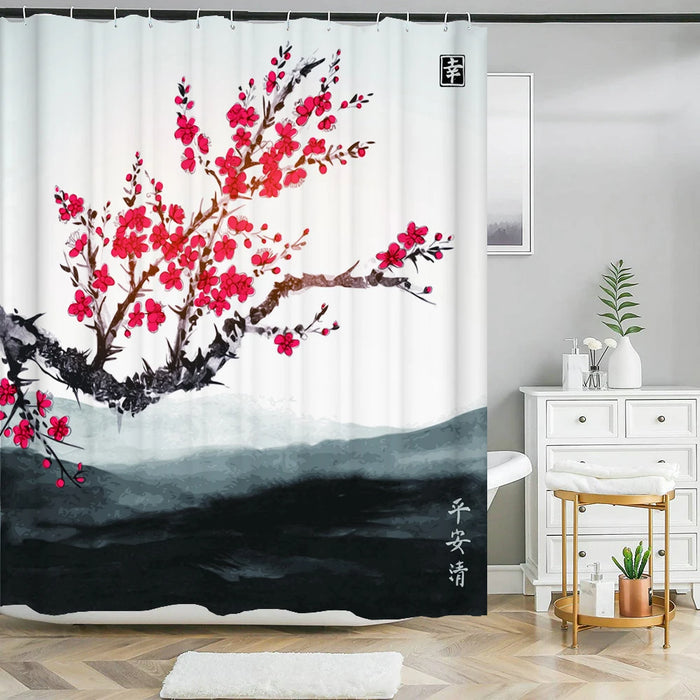 Rideau de douche fleurs et oiseaux de style chinois, décor de salle de bain étanche avec crochets, rideau de douche imprimé 3D