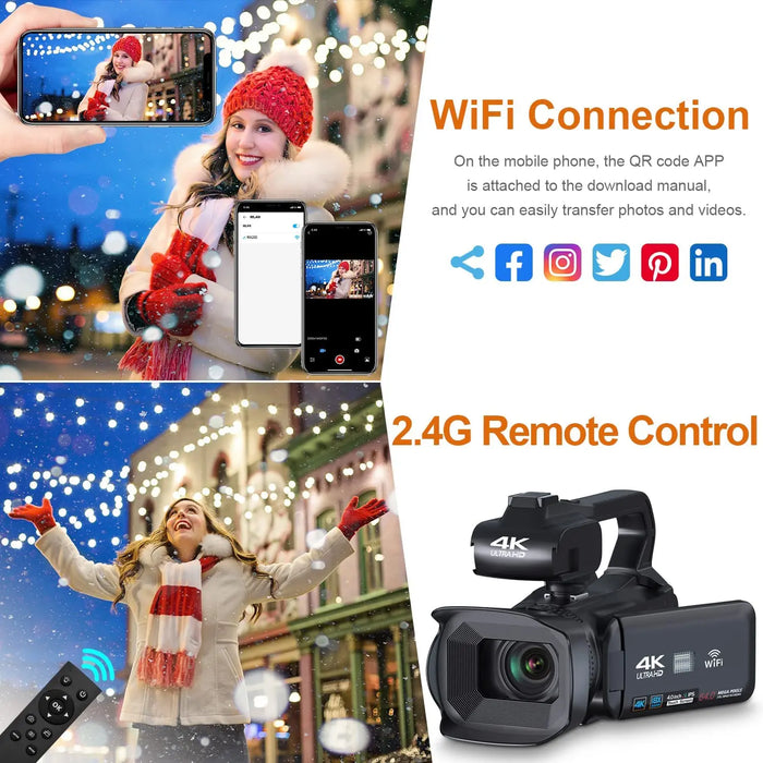 WIFI-Camcorder 4K 64MP 60FPS HD Autofokus Vlogging 4,0" Touchscreen 18X Zoom für Live-Streaming